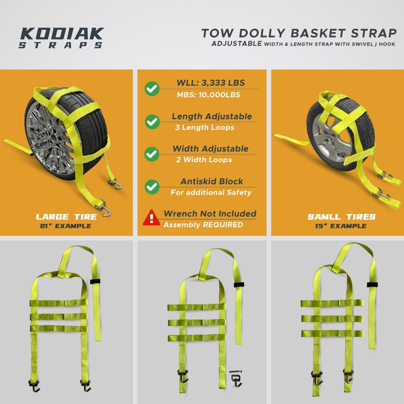 KODIAK STRAPS Adjustable Wheel Net Tow Basket Straps with Swivel J Hooks (2 Pack) - Universal for 14""-22"" Tires - Strap for Dolly with Ratchet or Winches  10 000lbs Break Strength - Image 2